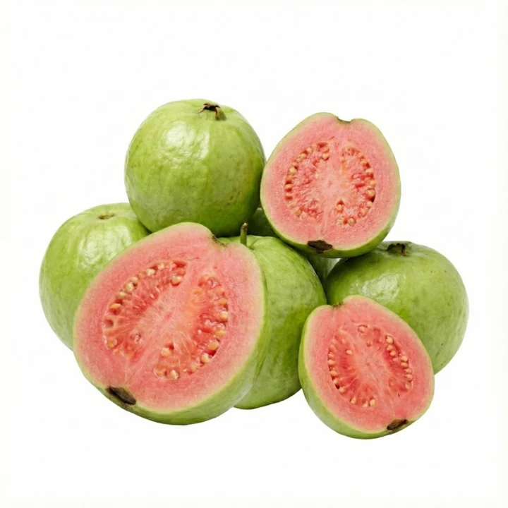 Fresh pink guava with cut fruit showing pink flesh